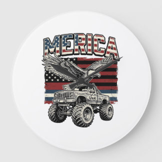 Merica Eagle Monster Truck Vintage Patriotic Large Clock
