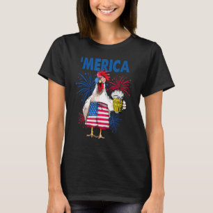 Merica Funny Chicken with beer USA Flag 4th of Jul T-Shirt