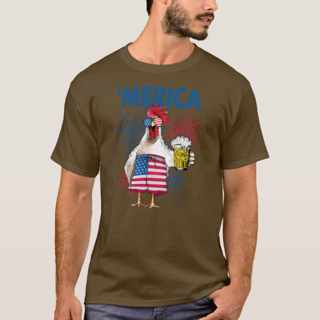 Merica Funny Chicken with beer USA Flag 4th of T-Shirt (Front)