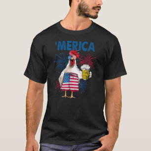 Merica Funny Chicken with beer USA Flag 4th of T-Shirt