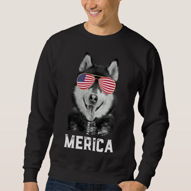 Merica Funny Siberian Husky Puppy Dog  American Fl Sweatshirt (Front)