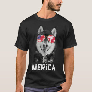 Merica Funny Siberian Husky Puppy Dog  American Fl T-Shirt
