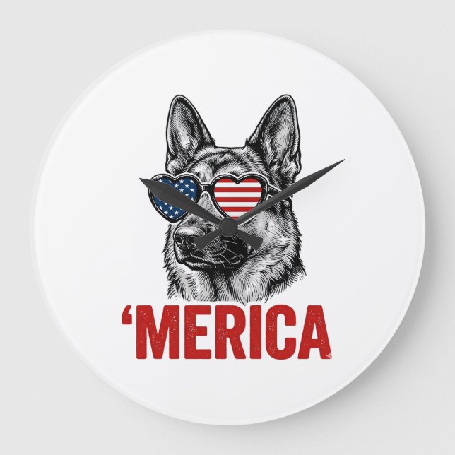 Merica German Shepherd Flag Sunglasses Shirt Desig Large Clock (Front)