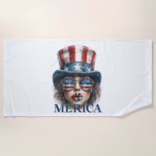 Merica Girl, Fourth of July Glam Girl with Stars Beach Towel