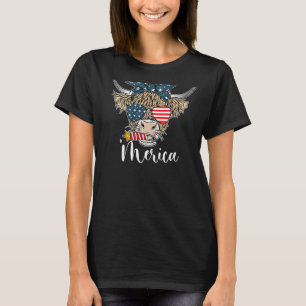 Merica Highland Cow Usa Flag Glasses Cow Girl 4th T-Shirt
