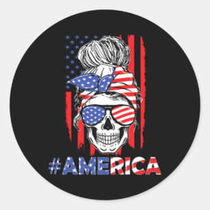 Merica Messy Bun Skull 4th Of July American Flag W Classic Round Sticker