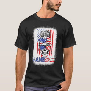 Merica Messy Bun Skull 4th Of July American Flag W T-Shirt