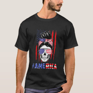Merica Messy Bun Skull 4th Of July American Flag W T-Shirt