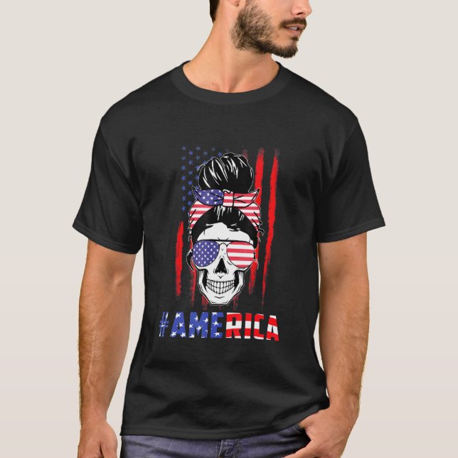 Merica Messy Bun Skull 4th Of July American Flag W T-Shirt (Front)