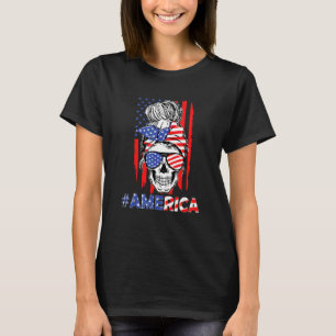 Merica Messy Bun Skull 4th Of July American Flag W T-Shirt
