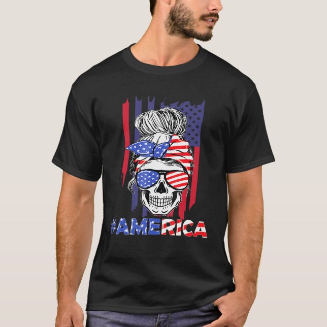 Merica Messy Bun Skull 4th Of July American Flag W T-Shirt (Front)