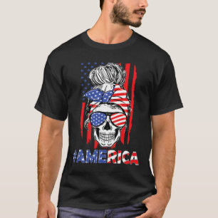 Merica Messy Bun Skull 4th Of July American Flag W T-Shirt
