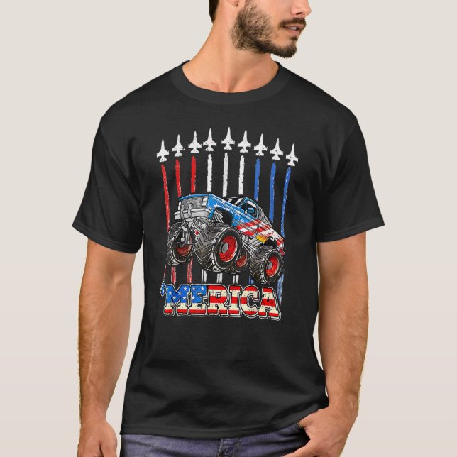 Merica Monster Truck Patriotic American Flag July  T-Shirt (Front)