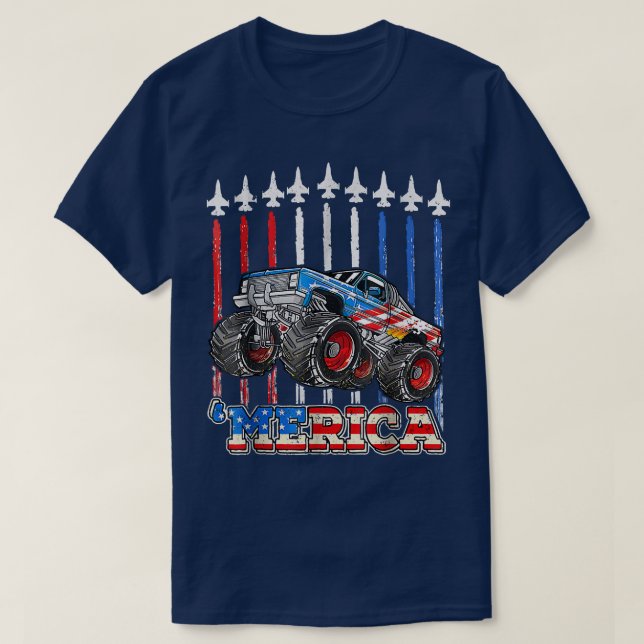 Merica Monsters Truck Patriotic American Flag July T-Shirt (Design Front)