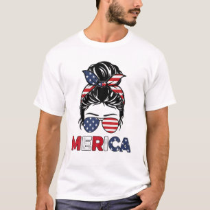 Merica Mum Girl American Flag Messy Bun Hair 4Th O T-Shirt