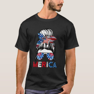Merica Mum Girl American Flag Messy Bun Hair 4th O T-Shirt