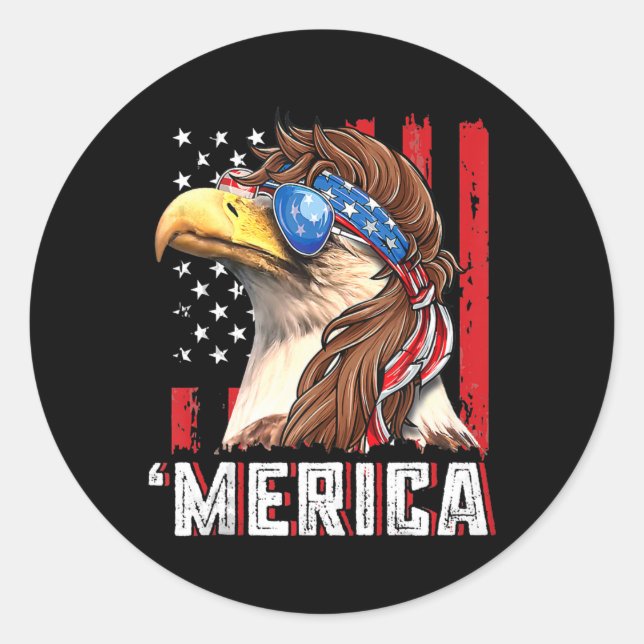 Merica Patriotic Bald Eagle Mullet USA Flag 4th Classic Round Sticker (Front)