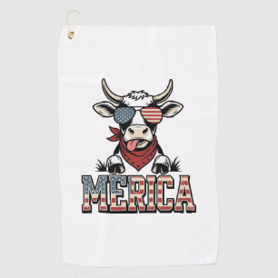 Merica Patriotic Cow Vintage Engraving Graphic_1 Golf Towel