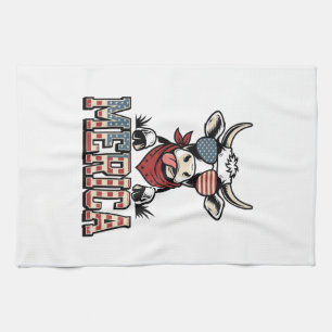 Merica Patriotic Cow Vintage Engraving Graphic_1 Tea Towel