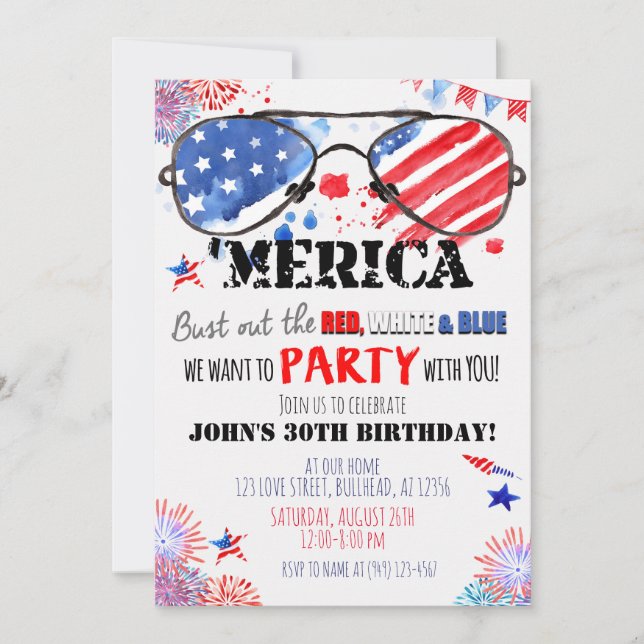 'Merica Patriotic Red White and Blue Birthday Invitation (Front)
