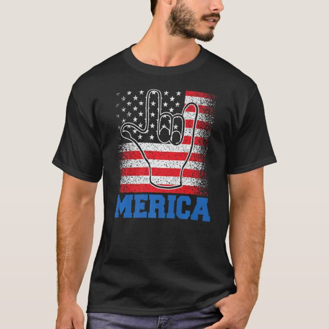Merica Rock Sign 4th of July US USA American Flag  T-Shirt (Front)