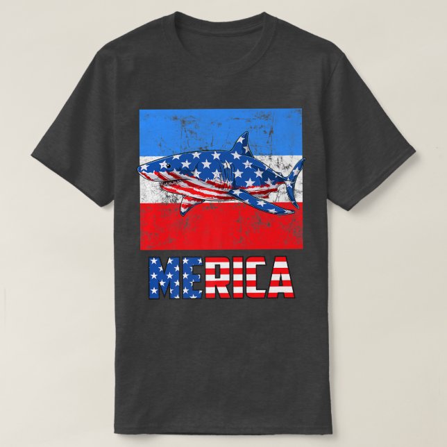 Merica Shark 4th Of July Funny American Patriotic  T-Shirt (Design Front)