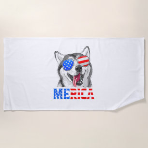 Merica Siberian Husky Dog American Flag 4th Of Jul Beach Towel