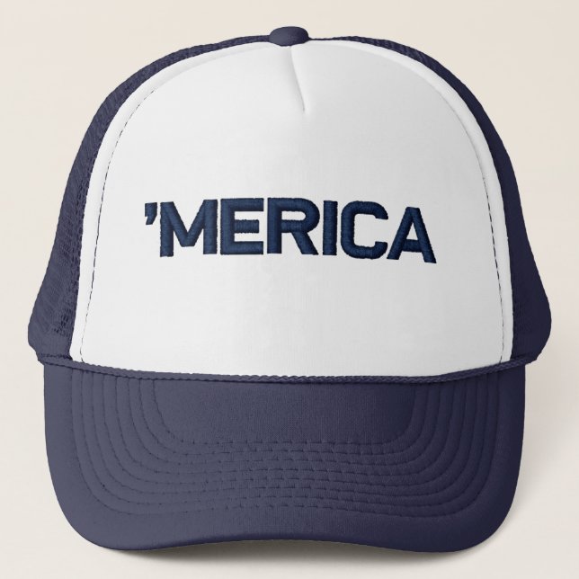 'MERICA Stitch-Style Mesh Trucker Hat (navy blue) (Front)