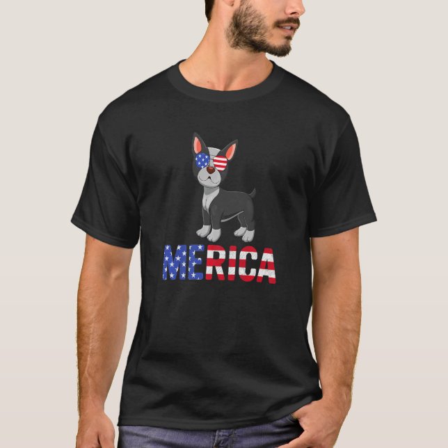 Merica Usa Flag Boston Terrier Sunglasses 4th Of J T-Shirt (Front)