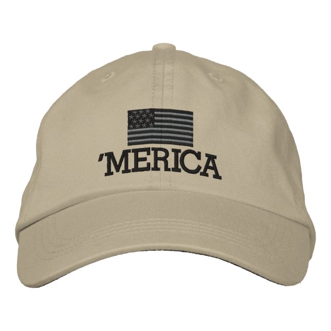 Merica with Gray and Black American Flag Embroidered Hat (Front)