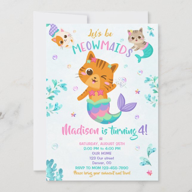 Merkitten birthday invitation Girl Magical party (Front)