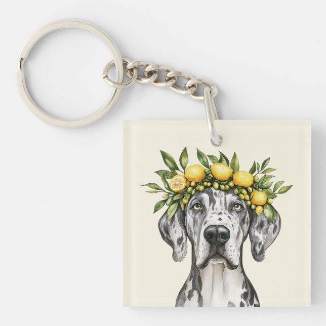 Merle Great Dane Dog Lemon Crown Key Ring (Front)