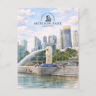 Merlion Park Singapore   Watercolor Landmark Postcard