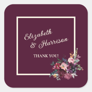 Merlot Burgundy Floral Framed Thank You Square Sticker