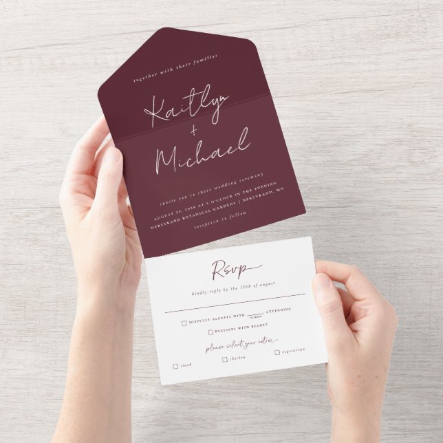 Merlot Burgundy Wedding Modern with Tear Off RSVP All In One Invitation (Tearaway)