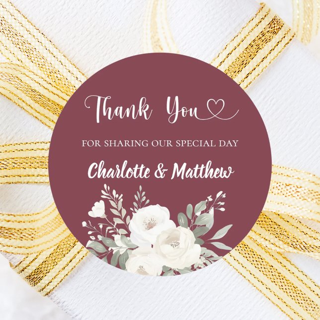 Merlot burgundy white florals thank you wedding classic round sticker (Creator Uploaded)
