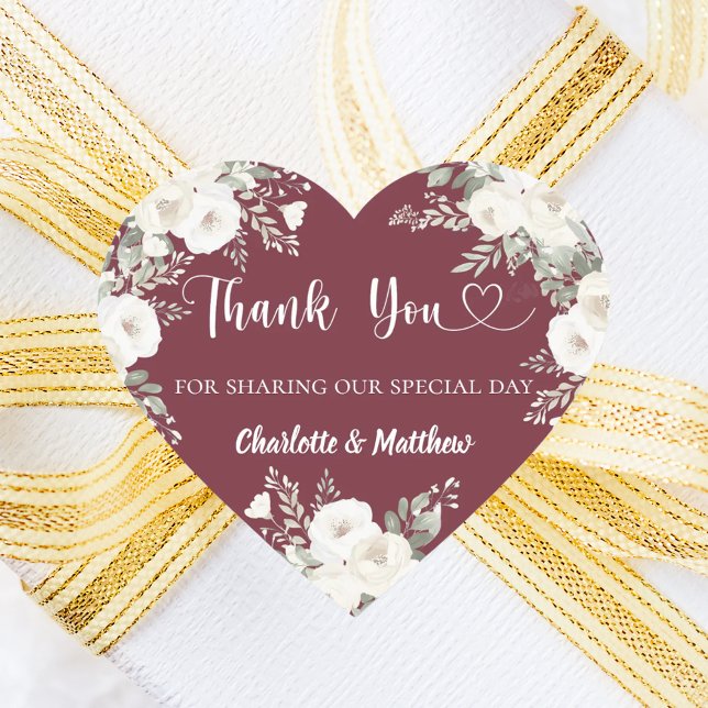 Merlot burgundy white florals thank you wedding heart sticker (Creator Uploaded)