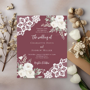 Merlot burgundy white lace wedding invitation