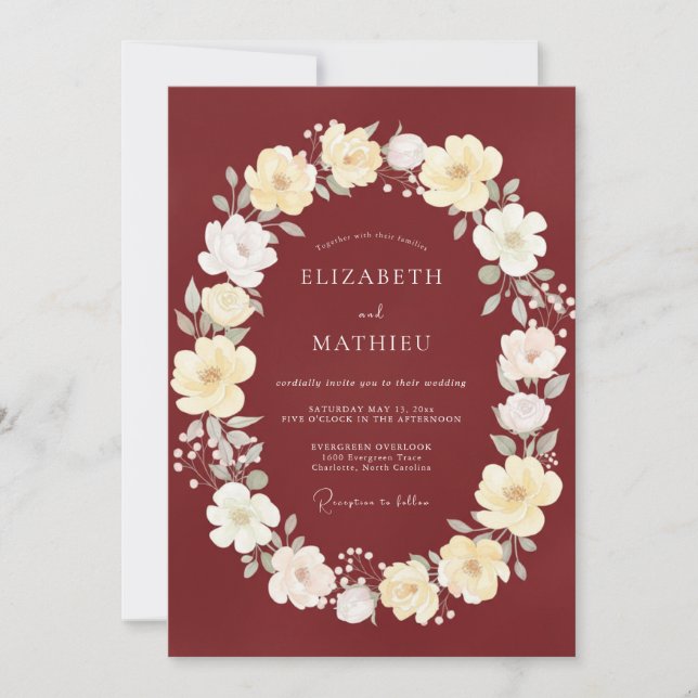 Merlot Ivory Wreath Wedding Invitation (Front)
