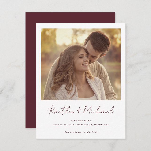 Merlot Modern Handwriting Photo Wedding Save The Date (Front/Back)