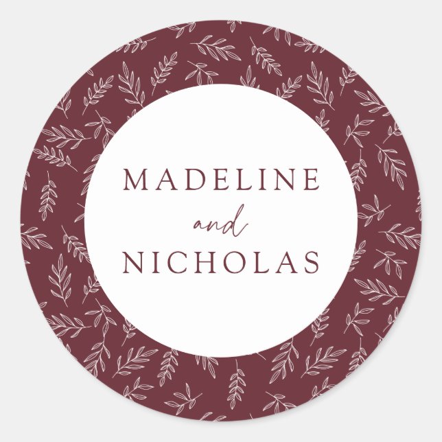 Merlot Modern Minimalist Botanical Wedding Classic Round Sticker (Front)