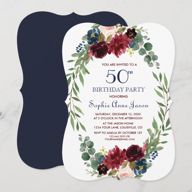 Merlot Navy Blue Floral Bloom 50th Birthday Invitation (Front/Back)