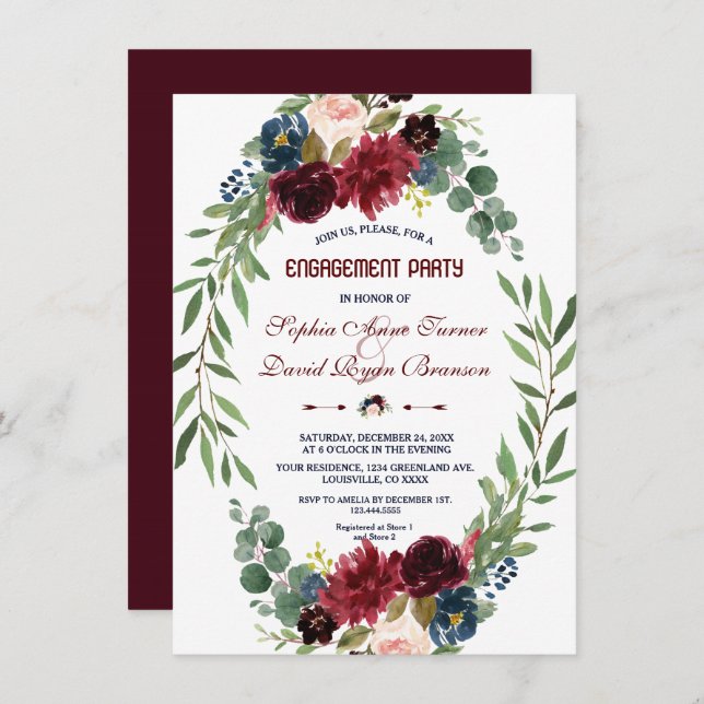 Merlot Navy Blue Floral Bloom Engagement Party Invitation (Front/Back)