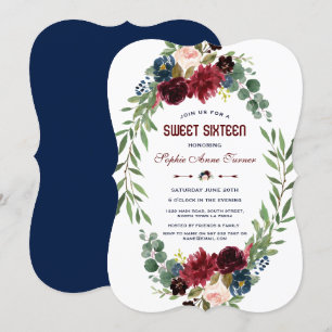 Merlot Navy Blue Floral Bloom Sweet 16 Invitation