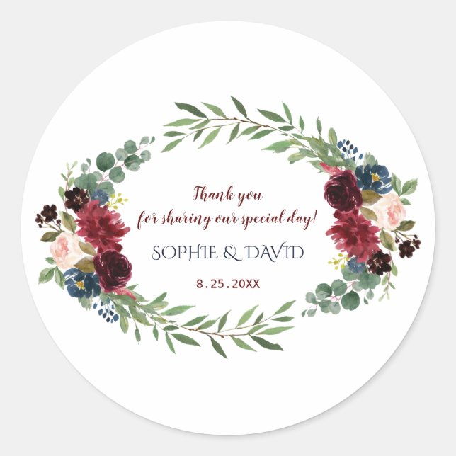 Merlot Navy Blue Floral Bloom Wedding Classic Round Sticker (Front)