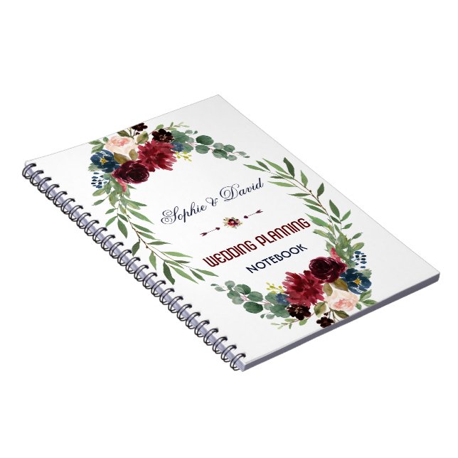 Merlot Navy Blue Floral Bloom Wedding Planner Notebook (Right Side)
