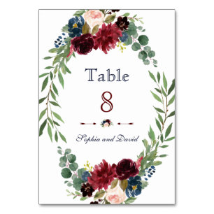 Merlot Navy Blue Floral Bloom Wedding Table Number