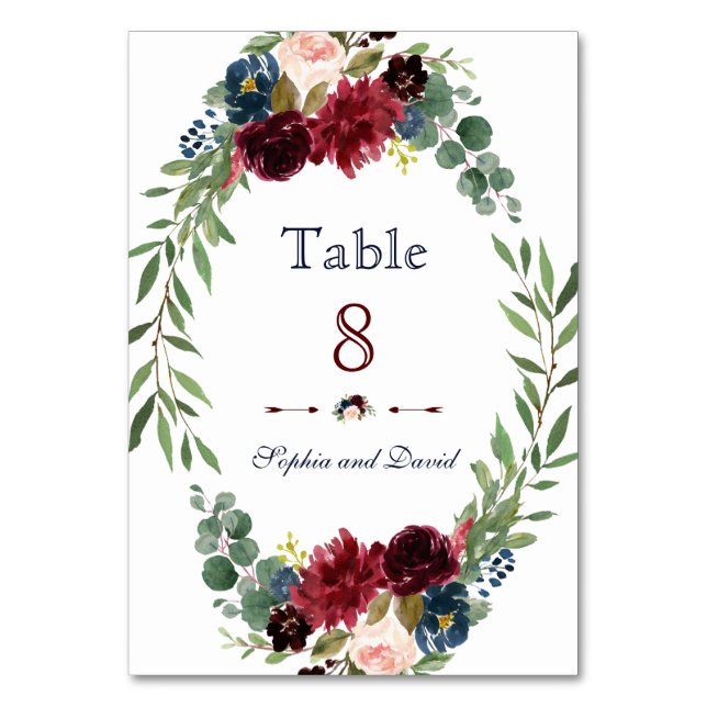 Merlot Navy Blue Floral Bloom Wedding Table Number (Front)