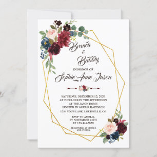 Merlot Navy Blue Floral Gold Frame Bridal Shower Invitation