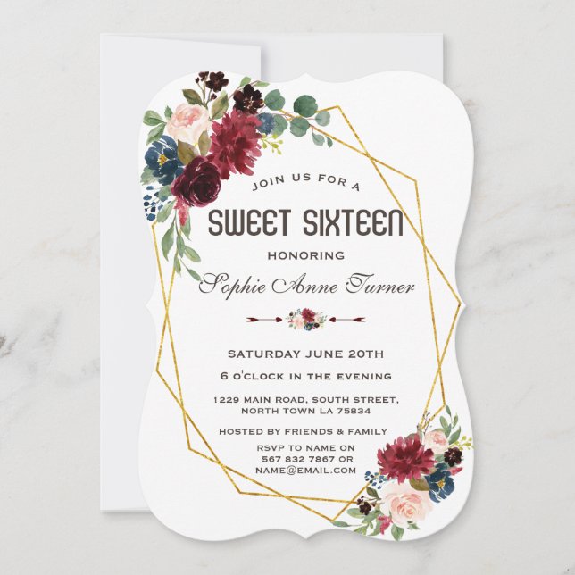 Merlot Navy Blue Floral Gold Frame Sweet 16 Invitation (Front)